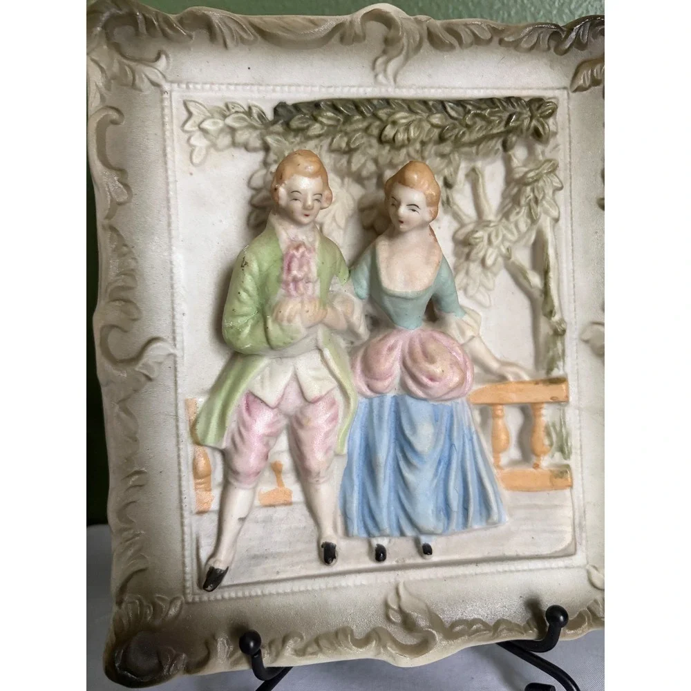 Vintage Bisque Porcelain Courting Couple Plaque, 3D Wall Decor